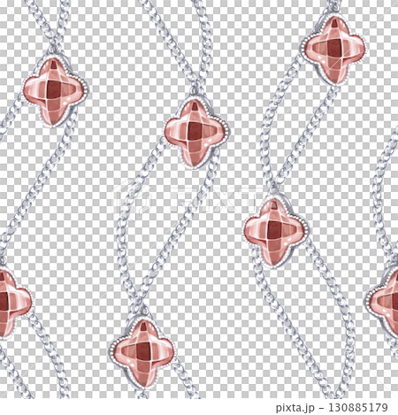 Seamless pattern with gracefully curved chains and pendants made of sultanite. Watercolor illustration is hand-drawn for packaging design, interior design, printing on fabric. 130885179
