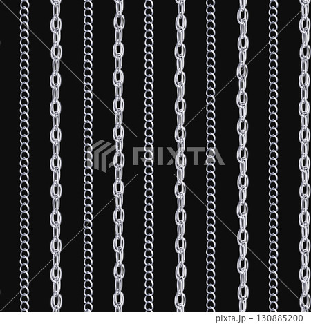 Seamless pattern with two types of silver large-weave chains on a black background. Watercolor illustration is hand-drawn for packaging design, interior design, printing on fabric. 130885200