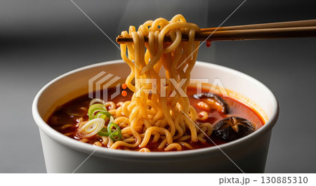 Korean Instant Ramen with Chopsticks Lifting Noodles 130885310