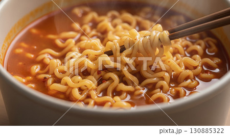 Chopsticks Holding Noodles from Korean Spicy Cup Ramen 130885322