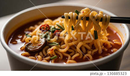 Spicy Korean Cup Ramen with Chili and Mushrooms 130885323