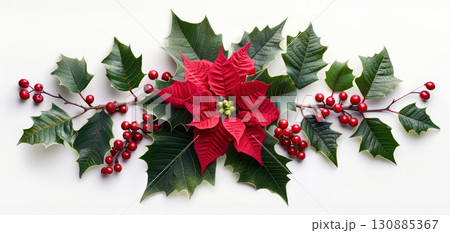 Poinsettia and holly Christmas floral arrangement Poinsettia and holly Christmas floral arrangement 130885367