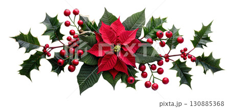 Poinsettia and holly Christmas floral arrangement Poinsettia and holly Christmas floral arrangement 130885368