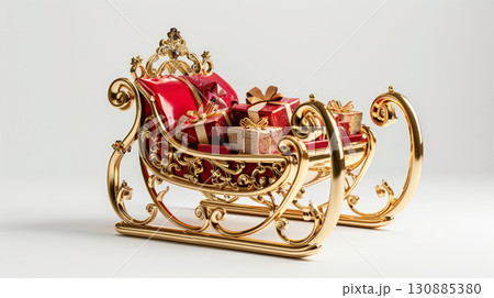 Red and gold Christmas sleigh filled with presents 130885380