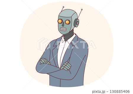 Humanoid robot in business suit with arms crossed, demonstrating confidence in superiority of AI Humanoid robot in business suit with arms crossed, demonstrating confidence in superiority of AI 130885406
