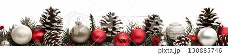 Christmas border with pine branches, ornaments and pinecones 130885746