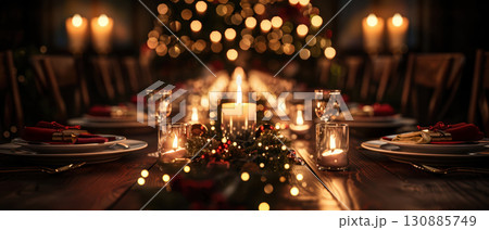 Festive Christmas dinner table with candles 130885749