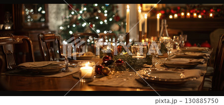 Festive Christmas dinner table with candles 130885750