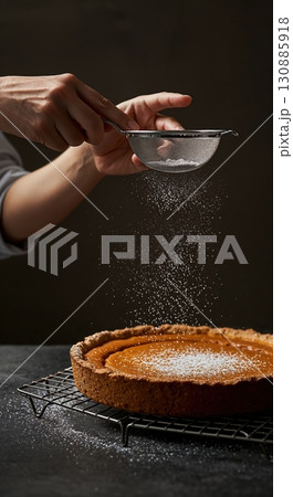 A baker's hands meticulously sift powdered sugar over a freshly baked pumpkin pie resting on a cooling rack, illuminated by soft, dramatic lighting against a dark background. 130885918