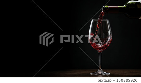 A stream of vibrant red wine dramatically pours from a dark green bottle into a clear stemmed glass, creating dynamic splashes against a deep black background, offering extensive copy space. 130885920