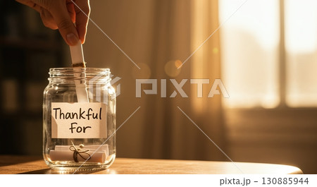 A hand gently places a rolled-up gratitude note into a clear glass jar labeled "Thankful For" on a wooden table, bathed in warm golden light. 130885944