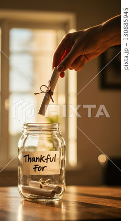 A hand gently places a small rolled-up paper scroll, tied with twine, into a clear glass jar labeled "Thankful For," bathed in warm golden light. 130885945