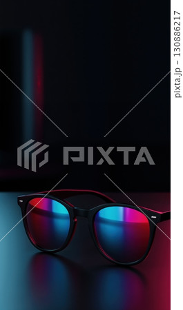A close-up view of stylish black sunglasses with vibrant blue and red neon reflections on the lenses and dark surface, set against a dark, blurred background. A close-up view of stylish black sunglasses with vibrant blue and red neon reflections on the lenses and dark surface, set against a dark, blurred background. 130886217