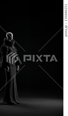 A sleek mannequin displays a dark, elegant high-fashion outfit featuring a voluminous collar, puffed sleeves, and a long flowing skirt against a dramatic black background with ample copy space. 130886251