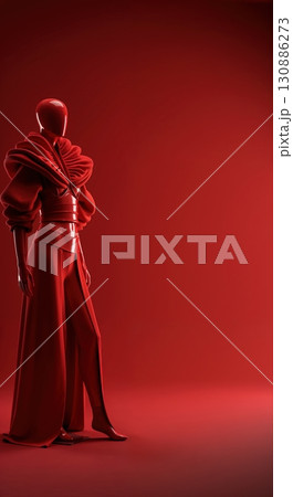 A striking red mannequin-like figure showcases an elaborate high-fashion ensemble with sculptural ruffles and flowing fabric against a monochromatic crimson studio backdrop. 130886273