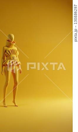 A hyperrealistic, monochromatic yellow figure stands in a minimalist studio, showcasing a high-fashion ruffled top with a prominent collar and belted waist. 130886297