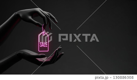 Two sleek black mannequin hands elegantly present a glowing pink neon sale tag against a mysterious dark background, offering ample copy space for promotional content. 130886308