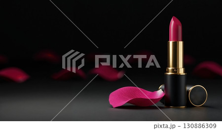 A luxurious open tube of vibrant pink lipstick with a gold band stands upright next to a delicate rose petal on a dark, reflective surface, with blurred petals in the background, creating an elegant. 130886309