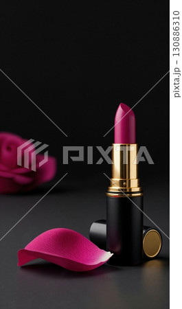 A luxurious magenta lipstick in a black and gold case stands upright next to a delicate rose petal on a dark surface, with a blurred rose in the background. 130886310
