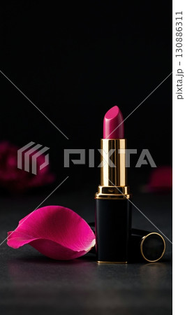 A luxurious pink lipstick in a sleek black and gold case stands elegantly next to a vibrant fuchsia rose petal on a dark textured surface, with a blurred black background. 130886311