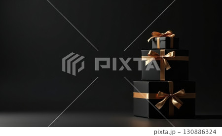A stack of three elegant black gift boxes adorned with shiny golden ribbons and bows stands prominently on a dark surface, offering ample copy space. 130886324