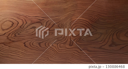 テーブル板の暗い茶色の木目がきれいに浮き出た横長の背景画像 130886468