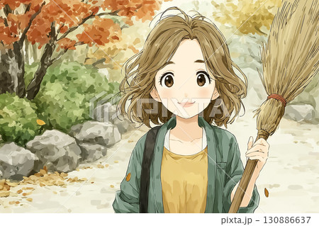 美優シリーズ：美優が公園で落ち葉を掃き集めるシーン  130886637