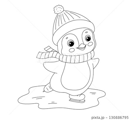 Cute baby penguin is skating, animal in hat and scarf, winter activity, online illustration for coloring page 130886795