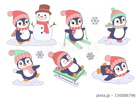Penguin character vector illustration set. Activity in winter. Collection of cartoon animals, cute penguin. Go skating, skiing, sledding. Make a snowman Penguin character vector illustration set. Activity in winter. Collection of cartoon animals, cute penguin. Go skating, skiing, sledding. Make a snowman 130886796