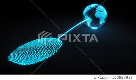 A glowing blue fingerprint connects with a luminous global sphere on a dark textured surface, symbolizing digital identity, cybersecurity, and worldwide data access. 130886918