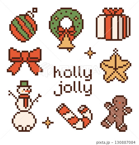 Pixel art Christmas elements clip art set. 8-bit vintage video game style decorations pack - candy cane, gift box, christmas wreath, snowman, bow, gingerbread man. Vector pixel art cute holiday stuff 130887084
