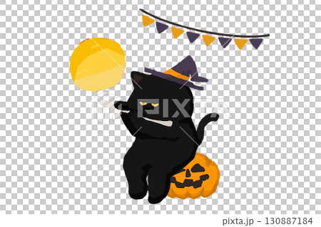 萬聖節插圖，黑貓裝扮並吹笛子 130887184
