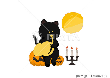 ハロウィンイラスト、ホルンを吹く黒猫 130887185