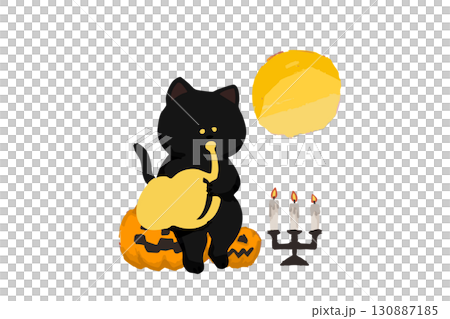 ハロウィンイラスト、ホルンを吹く黒猫 130887185