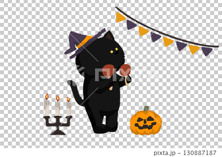 ハロウィンイラスト、仮装をして打楽器を演奏する黒猫 130887187