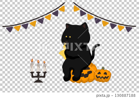 ハロウィンイラスト、サックスを吹く黒猫 130887188