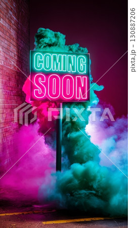 Colorful glowing COMING SOON sign with thick smoke on brick alley at night time 130887206