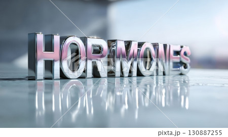 Frontal mid-range shot of shiny metallic letters forming the word hormones on a reflective surface with soft gradient background. Frontal mid-range shot of shiny metallic letters forming the word hormones on a reflective surface with soft gradient background. 130887255