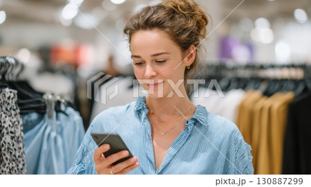 Smiling young woman shopping for clothes and checking smartphone in fashion store 130887299
