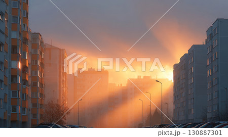 Sunset over city residential buildings with glowing sky and silhouette of apartments 130887301