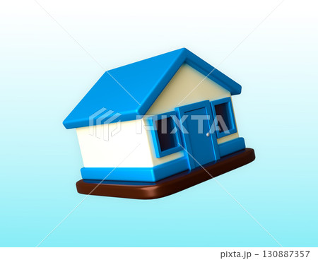 a house with a blue roof and white walls, set against a light blue background 130887357