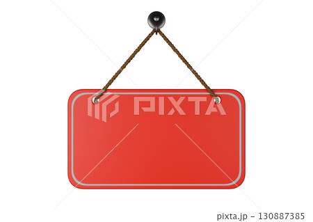 Red sign hanging on a rope. 130887385