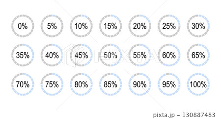 Percentage infographics elements. Blue and gray color fill pie charts indicator template. Circle graph loading progress set. Collection of round diagrams icons for infographics from 0 to 100 percent. Percentage infographics elements. Blue and gray color fill pie charts indicator template. Circle graph loading progress set. Collection of round diagrams icons for infographics from 0 to 100 percent. 130887483