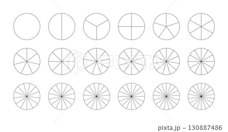 Set of segmented charts. Pie chart template. Diagram wheel parts. Many number of sectors divide the circle on equal parts. Black thin graphics. Collection of pizza charts icon. Segments infographic. 130887486