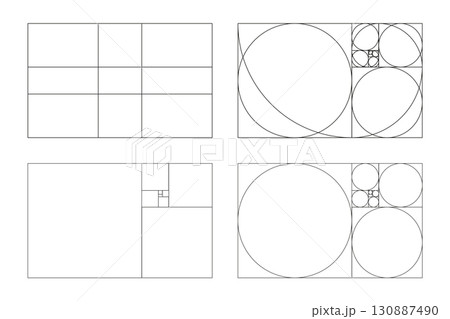 Golden ratio. Fibonacci array, numbers. Golden proportions. Method golden sections. Harmony proportions shapes. Outline graphic illustration.  130887490