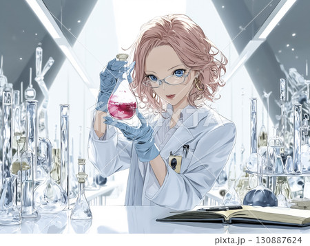 人工血液を研究する若い女性科学者のアニメ風イラスト（医療研究・最先端ラボ） 130887624