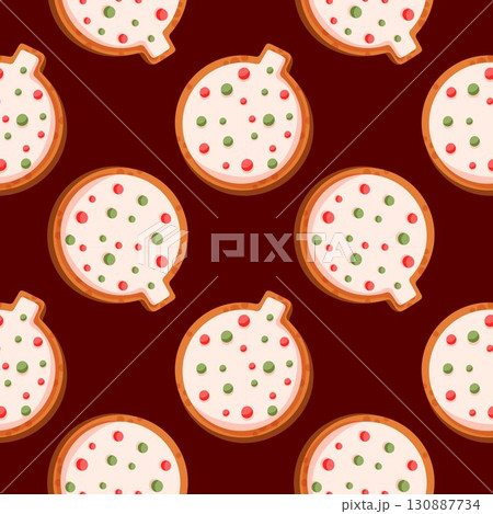 Seamless pattern with Gingerbread cookie in shape of Christmas ball in cartoon style. Repetitive New Year baubles print. 130887734