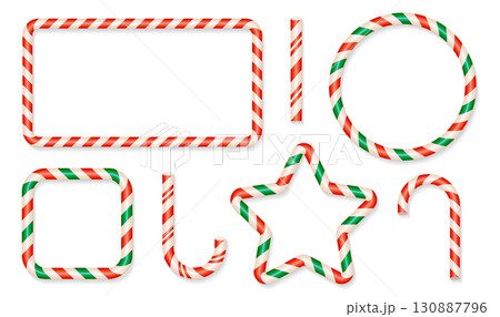 Set of Christmas 3d candy cane frames with red, green and white stripes. Striped Christmas candycane shapes - rectangle, square, star, circle. New Year template with copy space. Vector illustration 130887796