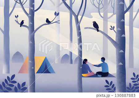 森の中でキャンプをしてくつろぐ人々 130887883