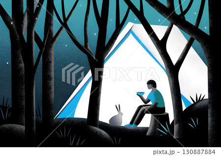 森の中でキャンプをする人とうさぎ 130887884